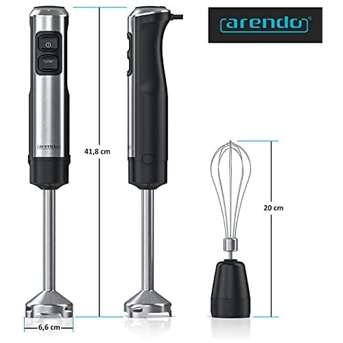  Arendo Hand blender 1200 watt stainless steel set including whisk attachment four wing knife puree rod continuous speed control turbo button removable mixing base G