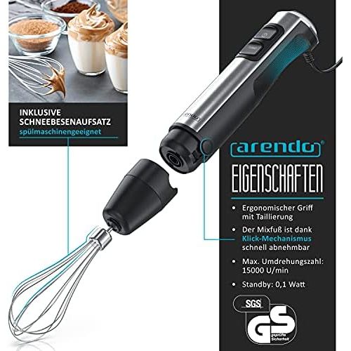  Arendo Hand blender 1200 watt stainless steel set including whisk attachment four wing knife puree rod continuous speed control turbo button removable mixing base G