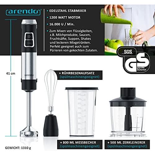  Arendo Hand Blender Stainless Steel 1200 Watt Set Puree Stick Continuous Speed 4 Blade Knife 800 ml Measuring Cup Whisk