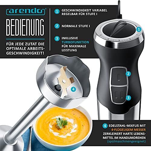  Arendo Stainless steel hand blender set 1000 watts four blade knife puree rod variable speed control turbo button 600 ml measuring cup tested safety