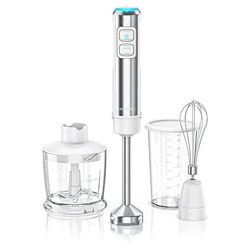  Arendo Hand blender 1200W DC motor includes 800ml measuring cup + 500ml chopper + whisk 2 speed settings turbo button removable stainless steel mixing base blue LEDs