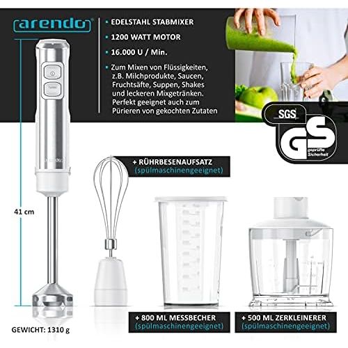  Arendo Hand blender 1200W DC motor includes 800ml measuring cup + 500ml chopper + whisk 2 speed settings turbo button removable stainless steel mixing base blue LEDs