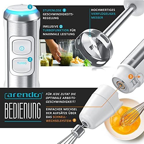  Arendo Hand blender 1200W DC motor includes 800ml measuring cup + 500ml chopper + whisk 2 speed settings turbo button removable stainless steel mixing base blue LEDs