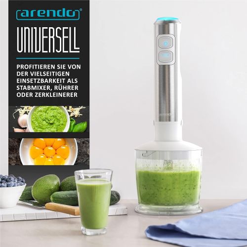  Arendo Hand blender 1200W DC motor includes 800ml measuring cup + 500ml chopper + whisk 2 speed settings turbo button removable stainless steel mixing base blue LEDs