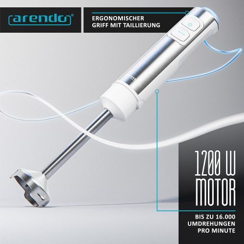  Arendo Hand blender 1200W DC motor includes 800ml measuring cup + 500ml chopper + whisk 2 speed settings turbo button removable stainless steel mixing base blue LEDs