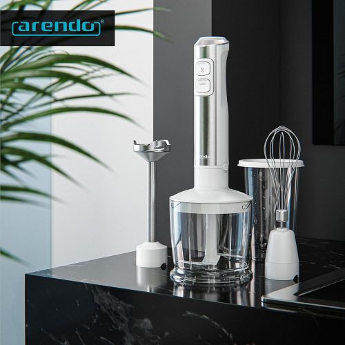  Arendo Hand blender 1200W DC motor includes 800ml measuring cup + 500ml chopper + whisk 2 speed settings turbo button removable stainless steel mixing base blue LEDs