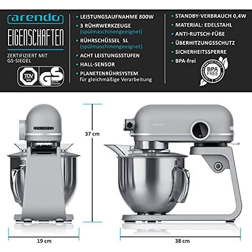  Arendo Food Processor Kneading Machine 5 Litres Powerful Full Metal Planetary Mixing System Stainless Steel Bowl Includes 3 Mixing Tools 8 Switching Levels Silver