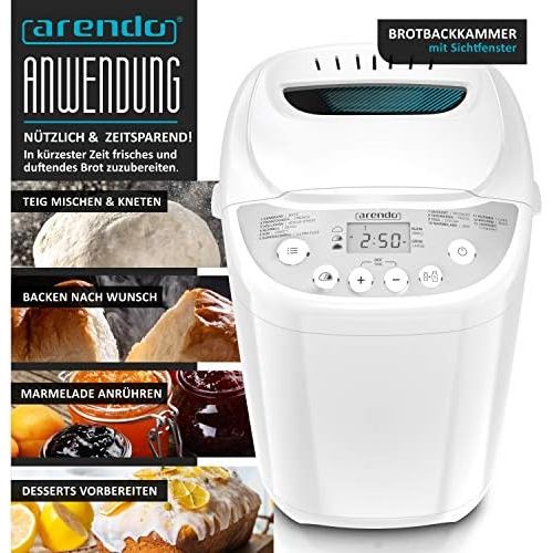  Arendo Bread maker with 580 watts Bread baking machine 13 programmes 750 1000 g viewing window 60 minutes warming function time delay non stick coating GS tested sa