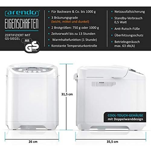  Arendo Bread maker with 580 watts Bread baking machine 13 programmes 750 1000 g viewing window 60 minutes warming function time delay non stick coating GS tested sa