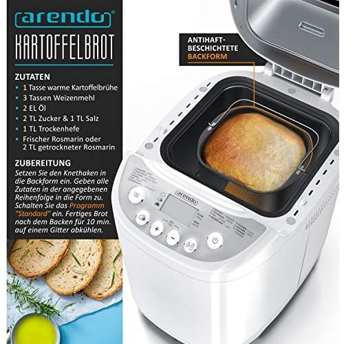  Arendo Bread maker with 580 watts Bread baking machine 13 programmes 750 1000 g viewing window 60 minutes warming function time delay non stick coating GS tested sa