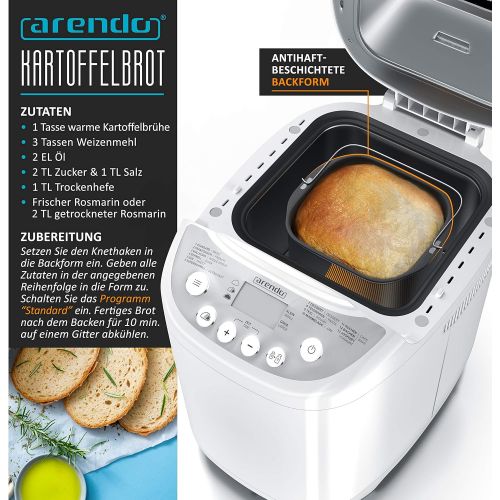  Arendo Bread maker with 580 watts Bread baking machine 13 programmes 750 1000 g viewing window 60 minutes warming function time delay non stick coating GS tested sa