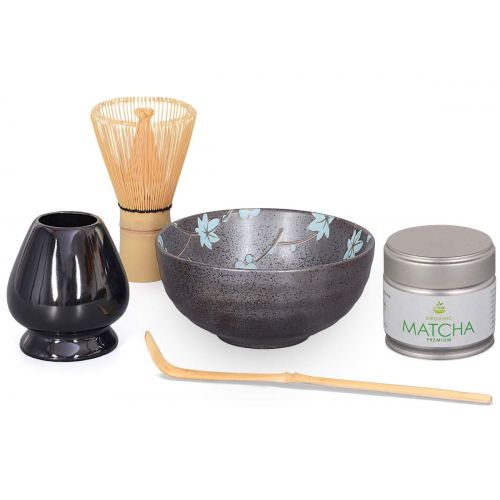  Bio-Matcha Starter Set 5-teilig, anthrazit/blau gesprenkelt bestehend aus Matcha-schale, Matcha-loeffel und Matcha-besen (Bambus), eleganter Geschenkbox. Original Aricola