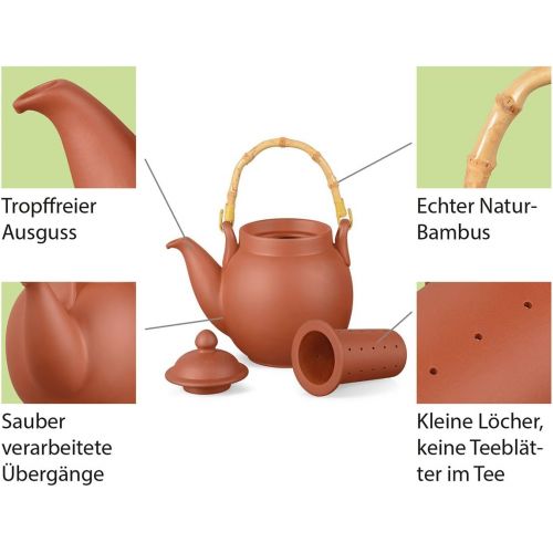  Aricola Ton Teekanne Tenno 1,6 Liter mit Tonsieb und Bambushenkel. Handgefertigt, Original