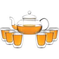 Aricola Teeset Melina 1,3 Liter. Glas-Teekanne 1,3 Liter mit Glassieb und 6 doppelwandige Teeglaser 200ml