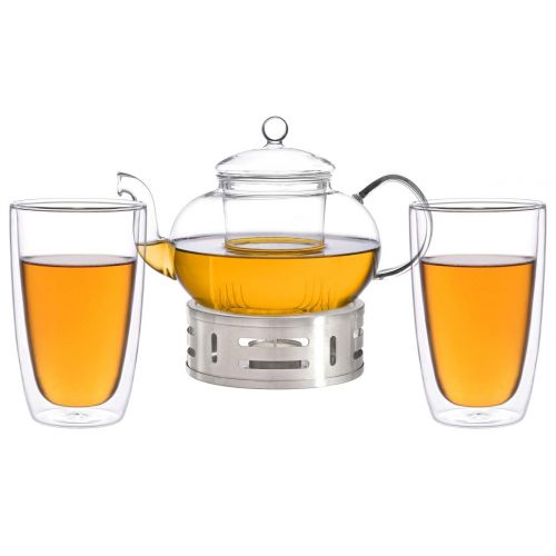  Aricola Teeset Melina 1,3 Liter. Glas-Teekanne 1,3 Liter mit Glassieb, 2 doppelwandige Teeglaser 360ml und Edelstahlstoevchen