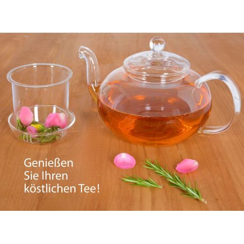  Aricola Teeset Melina 1,3 Liter. Glas-Teekanne 1,3 Liter mit Glassieb, 2 doppelwandige Teeglaser 360ml und Edelstahlstoevchen