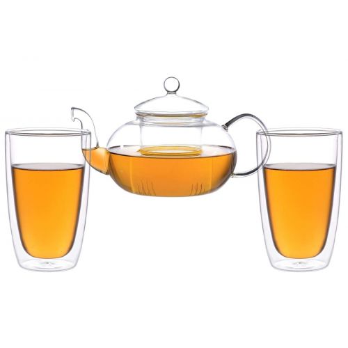  Aricola Teeset Melina 1,3 Liter. Glas-Teekanne 1,3 Liter mit Glassieb und 2 doppelwandige Teeglaser 360ml