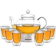 Aricola Teeset Melina 1,3 Liter. Glas-Teekanne 1,3 Liter mit Glassieb, 6 doppelwandige Teeglaser 200ml und Edelstahlstoevchen