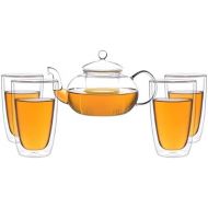 Aricola Teeset Melina 1,3 Liter. Glas-Teekanne 1,3 Liter mit Glassieb und 4 doppelwandige Teeglaser 360ml