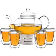 Aricola Teeset Melina 1,3 Liter. Glas-Teekanne 1,3 Liter mit Glassieb, 4 doppelwandige Teeglaser 200ml und Edelstahlstoevchen