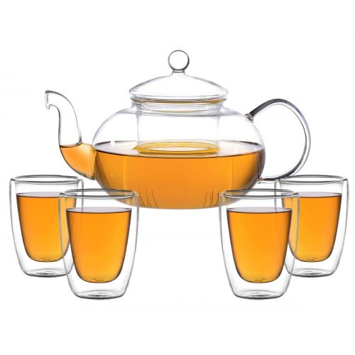  Aricola Teeset Melina 1,3 Liter. Glas-Teekanne 1,3 Liter mit Glassieb und 4 doppelwandige Teeglaser 200ml