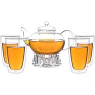 Aricola Teeset Melina 1,8 Liter. Glas-Teekanne 1,8 Liter mit Glassieb, 4 doppelwandige Teeglaser 360ml und Glasstoevchen