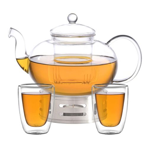  Aricola Teeset Melina 1,8 Liter. Glas-Teekanne 1,8 Liter mit Glassieb, 2 doppelwandige Teeglaser 200ml und Edelstahlstoevchen
