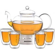 Aricola Teeset Melina 1,8 Liter. Glas-Teekanne 1,8 Liter mit Glassieb, 4 doppelwandige Teeglaser 200ml und Edelstahlstoevchen