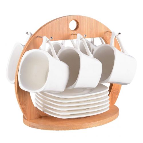  Aricola Tassen Set 13-teilig fuer Tee oder Kaffee. Kompaktes Set bestehend aus 6 Tassen (150ml) mit Untertassen und praktischem Holzstander.