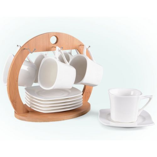  Aricola Tassen Set 13-teilig fuer Tee oder Kaffee. Kompaktes Set bestehend aus 6 Tassen (150ml) mit Untertassen und praktischem Holzstander.