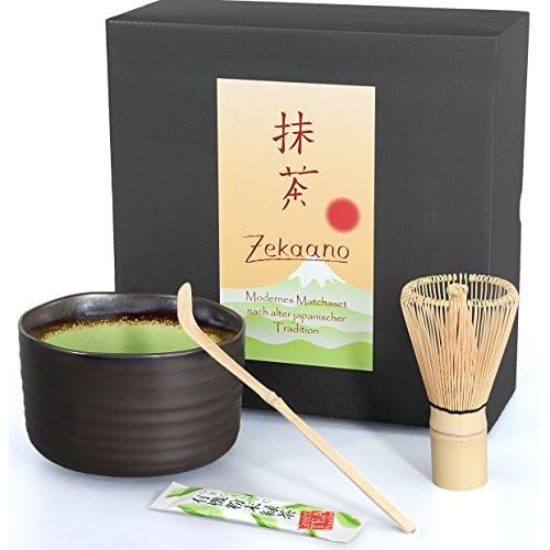  Matcha-Set 3-teilig, anthrazit/gruen, bestehend aus Matcha-Schale, Matcha-loeffel und Matcha-Besen (Bambus) in Geschenkbox. Original Aricola