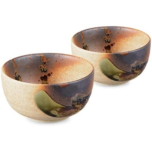  Aricola Original Japanisches Matcha Schalen Set 2-teilig, je 450ml, Beige-Braun handglasiert, Ø 12,8cm