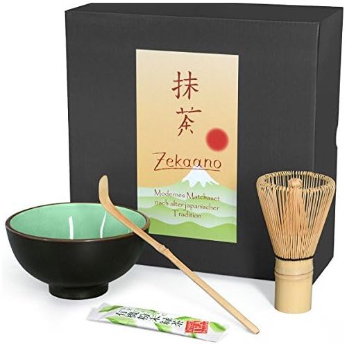  Matcha-Set 3-teilig moosgruen,bestehend aus Matcha-Schale, Matcha-Loeffel und Matcha-Besen (Bambus) in Geschenkbox. Original Aricola