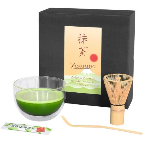  Glas Matcha-Set 3-teilig, 400ml aus doppelwandigem Thermo-Glas/Matcha Schale/Matcha Bambusloeffel/Matcha Bambusbesen, in Geschenkbox, Original Aricola