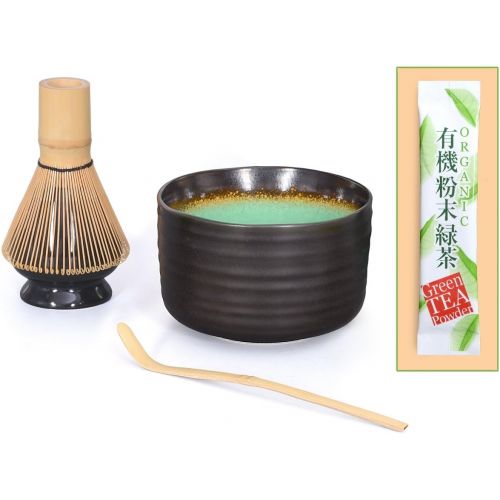  Aricola Matcha Komplettset 4-teilig, bestehend aus Matcha-Schale anthrazit/tuerkis mit Craquele-Muster, Matcha-Loeffel, Matcha-Besen und Besenhalter in eleganter Geschenkbox.