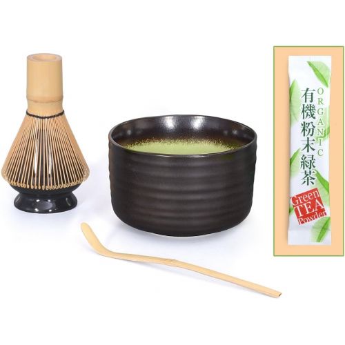  Aricola Matcha Komplettset 4-teilig, bestehend aus Matcha-Schale anthrazit/gruen mit Craquele-Muster, Matcha-Loeffel, Matcha-Besen und Besenhalter in eleganter Geschenkbox.