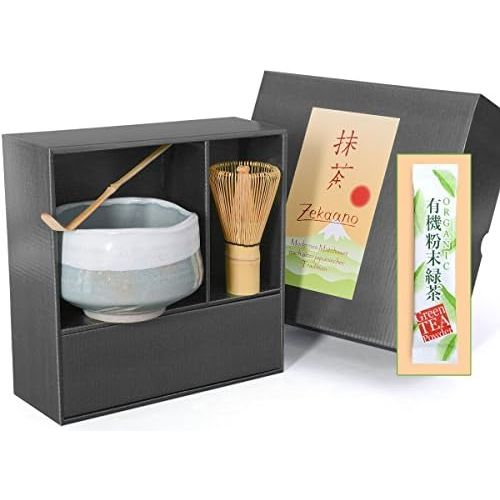  Matcha-Set 3-teilig, bestehend aus original japanischer Matcha Schale 500ml handgefertigt, Matcha Bambusloeffel, Matcha Bambusbesen, in eleganter Geschenkbox, Original Aricola
