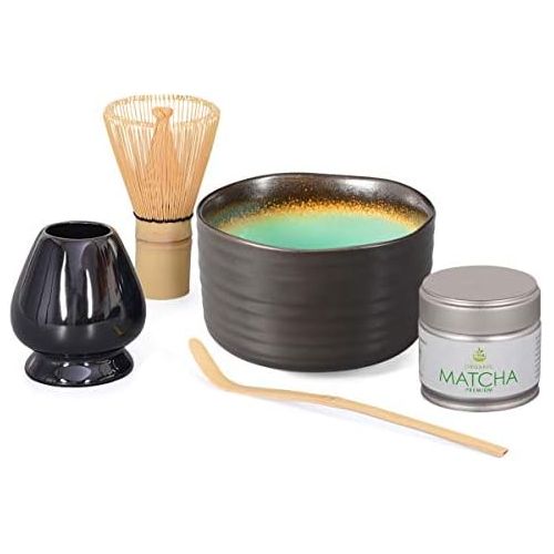  Aricola Matcha Komplettset 5-teilig, bestehend aus Matcha-Schale anthrazit/tuerkis mit Craquele-Muster, Matcha-Loeffel, Matcha-Besen, Besenhalter und 30g Premium Matcha in eleganter