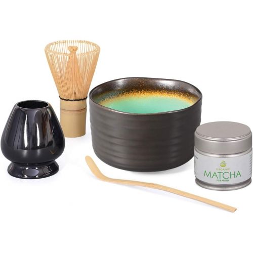  Aricola Matcha Komplettset 5-teilig, bestehend aus Matcha-Schale anthrazit/tuerkis mit Craquele-Muster, Matcha-Loeffel, Matcha-Besen, Besenhalter und 30g Premium Matcha in eleganter