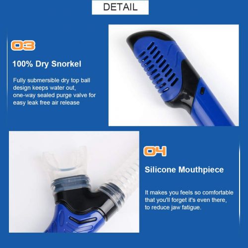  Aritan Snorkeling Snorkel Package Set, Anti-Leak Anti-Fog Coated Glass Diving Panoramic View Clear Tempered Glass Mask, Dry Top Soft Mouthpiece Snorkel Tube, Snorkeling Gear Bag