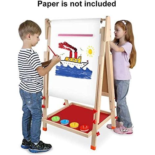  [아마존베스트]Wooden Art Easel Double-Sided Whiteboard and Chalkboard Adjustable Standing Easel with Paper Roll Holder,Extra Letters and Numbers Magnets and Other Accessories for Kids Toddlers B