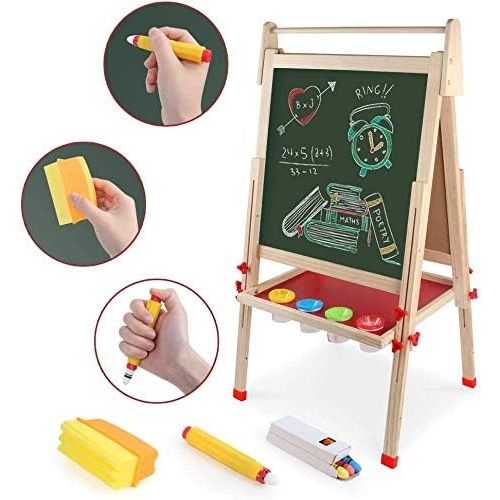  [아마존베스트]Wooden Art Easel Double-Sided Whiteboard and Chalkboard Adjustable Standing Easel with Paper Roll Holder,Extra Letters and Numbers Magnets and Other Accessories for Kids Toddlers B