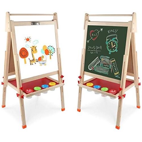  [아마존베스트]Wooden Art Easel Double-Sided Whiteboard and Chalkboard Adjustable Standing Easel with Paper Roll Holder,Extra Letters and Numbers Magnets and Other Accessories for Kids Toddlers B