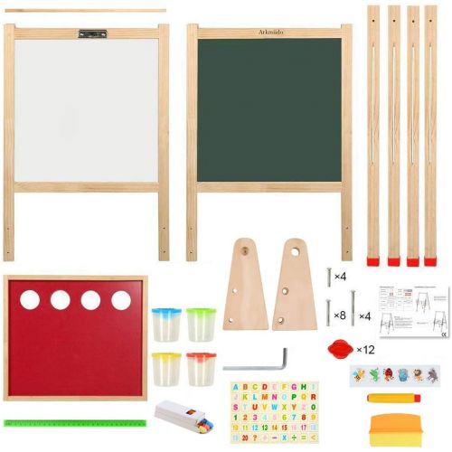  [아마존베스트]Wooden Art Easel Double-Sided Whiteboard and Chalkboard Adjustable Standing Easel with Paper Roll Holder,Extra Letters and Numbers Magnets and Other Accessories for Kids Toddlers B