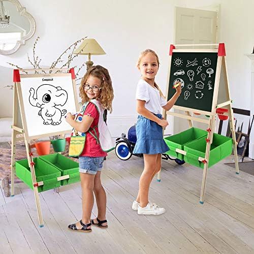  [아마존베스트]Arkmiido Kids Easel with Paper Roll Double-Sided Whiteboard & Chalkboard Standing Easel with Numbers and Other Accessories for Kids and Tollders (with Paper roll)