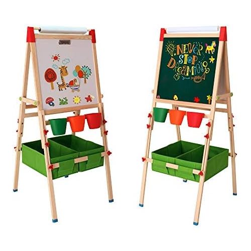  [아마존베스트]Arkmiido Kids Easel with Paper Roll Double-Sided Whiteboard & Chalkboard Standing Easel with Numbers and Other Accessories for Kids and Tollders (with Paper roll)