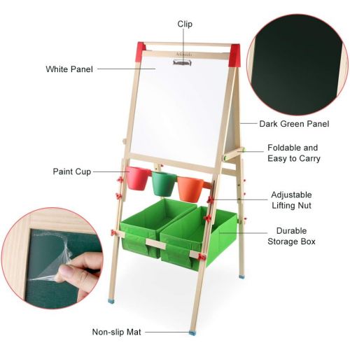  [아마존베스트]Arkmiido Kids Easel with Paper Roll Double-Sided Whiteboard & Chalkboard Standing Easel with Numbers and Other Accessories for Kids and Tollders (with Paper roll)