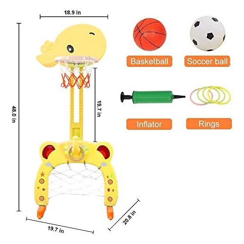  [아마존베스트]Basketball Hoop Set, 3 in 1 Sports Activity Center Grow-to-Pro Adjustable Easy Score Basketball Hoop, Football / Soccer Goal, Ring Toss Cute Giraffe Best Gift for Baby Infant Toddl