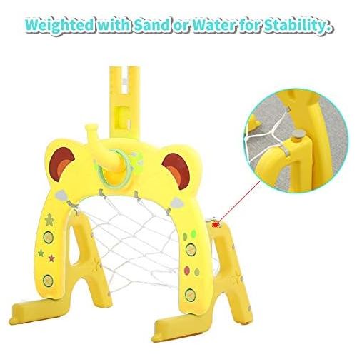  [아마존베스트]Basketball Hoop Set, 3 in 1 Sports Activity Center Grow-to-Pro Adjustable Easy Score Basketball Hoop, Football / Soccer Goal, Ring Toss Cute Giraffe Best Gift for Baby Infant Toddl