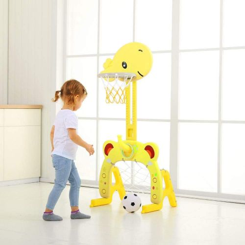  [아마존베스트]Basketball Hoop Set, 3 in 1 Sports Activity Center Grow-to-Pro Adjustable Easy Score Basketball Hoop, Football / Soccer Goal, Ring Toss Cute Giraffe Best Gift for Baby Infant Toddl